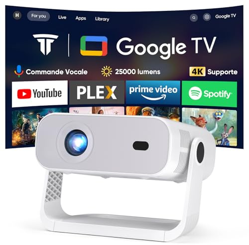 Nouveau videoprojecteur Google TV 2026 avec Applications intégrées, résolution Native 1080p et 4K Compatible, Wi-FI 6 et Bluetooth 5.2, 250 ANSI, Ventilateur Silencieux (<30 DB), pour iOS/Android/PS5