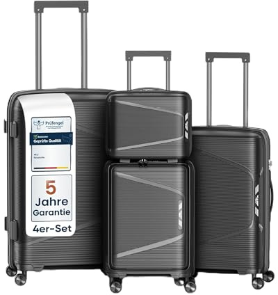 4FLY Leichter Hartschalen-Reisekoffer Set 4-teilig, Koffer Set mit TSA-Schloss, Doppelreißverschluss, Doppelrollen & Aluminium-Teleskopgriff, Reisegepäck Set - Beauty Case, Handgepäck & Aufgabegepäck