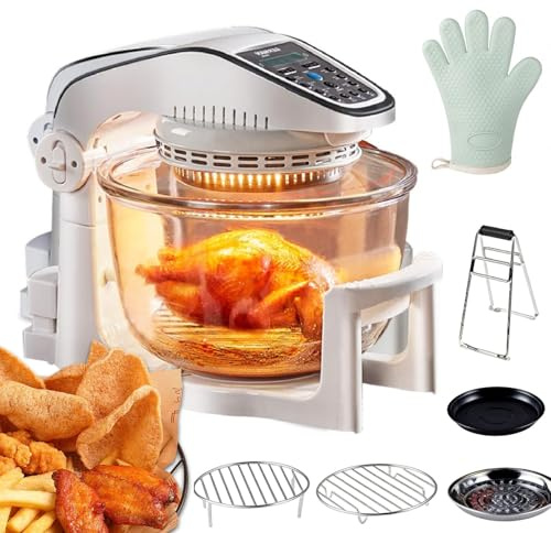 10L Halogen Air Fryer Oven with Extender Ring, Visual Air Fryer, Large Family Capacity, Self-Cleaning, Adjustable Temp & Timer, Includes Racks, Mesh Baskets, Tongs & Accessories