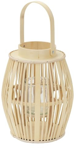ECD Germany Bambus Laterne, Windlicht H: 44 cm Holzfarbe, Gartenlaterne mit Henkel & Glaseinsatz, Boho Bambuslaterne, Kerzenhalter Flechtoptik, Innen/Außen, Deko Laterne für Terrasse Balkon Wohnzimmer