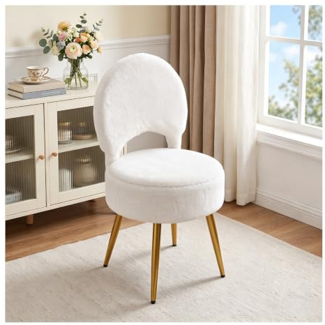 INMOZATA Storage Stool with Storage & Folding Back,Furry Vanity Chair | Faux Fur Ottoman Stool with 4 Metal Legs | Padded Seat with Anti-Slip Feet for Small Space Bedroom Dressing Room | White