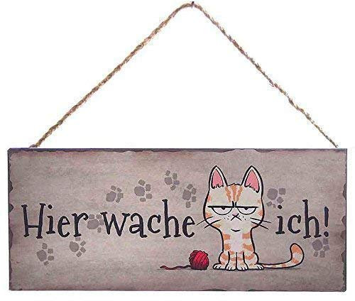 linoows Blechschild, Reklameschild, Hier Wache Ich Katze, Lustiges Wandschild 13x31 cm