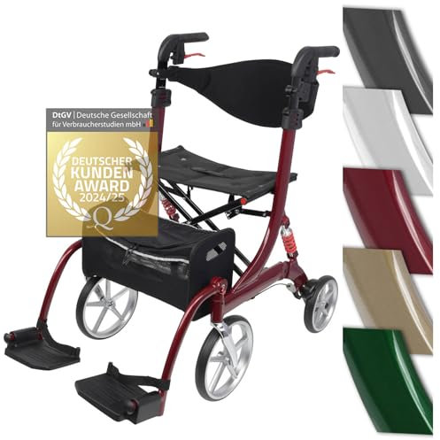 Besco Medical 2 in 1 Rollator-Rollstuhl SPRING VARIO - Leichtgewicht Rollator mit Rollstuhlfunktion & Komfort-Federung - faltbar, höhenverstellbar & umbaubar zum Transportstuhl - Modell M Bordeauxrot