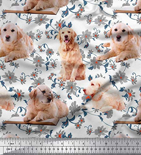 Soimoi Weib Baumwolle Batist Stoff Blumen, Buch & Golden Retriever Hund Drucken Nahen Stoff 1 Meter 42 Zoll breit