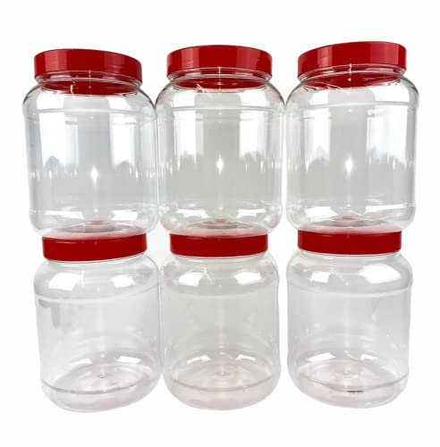 Truenova- Set of 6 x Round 2.25L Plastic Storage Jars Kitchen/Garage Organisation & Large Red Flat Lids