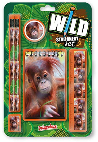 Deluxebase Wild Stationery Ourang-Outan Set mit 2 Bleistiften, Radiergummi, Bleistiftspitzer, Lineal und Notizbuch, Schreibwaren-Set