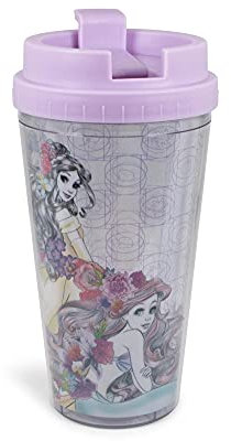 Disney Princesses - Vaso de plástico de doble pared con tapa, accesorios oficiales de cocina de Disney, tazas de café de viaje, vasos novedosos para el hogar, juego de cocina, capacidad para 16 onzas