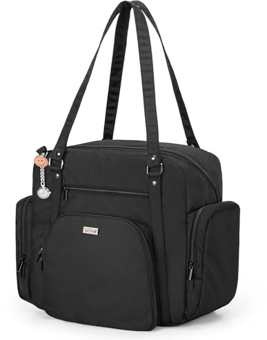 LoDrid Nurse Tote Bag with Padded Bottom, Nurse Utility Bag for Home Health, Nurse Work Tote Bag with Zip-Top Closure, 15.6 Laptop Layer, Multiple Pockets for Nurse Supplies, Black, Bag Only