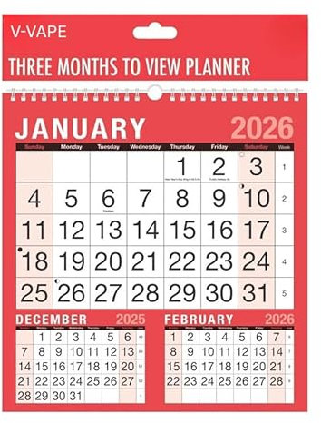 V-VAPE 2026 Spiral Bound Three Month To View Spiral Bound Wall Planner Calendar