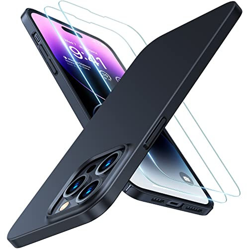 TORRAS Meister der Dünnheit für iPhone 14 Pro Hülle [mit 2 Schutzglas] Rundumschutz Exzellente Samtiger Griff Handyhülle iPhone 14 Pro Case Schutzhülle Slim Schwarz