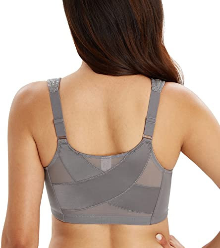 Lemorosy Women's Wirefree Jacquard Back Support Bra Full Figure Front Closure Posture Underwear(Grey,40B)