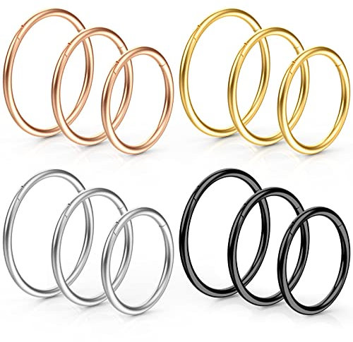 Funtopia 18G Nasenpiercing Hoop, 12 Stück 316L Chirurgenstahl Nasenpiercing Ring, Nasenring Piercing Septum Conch Piercing Ring für Damen Männer (Gold, Silber, Schwarz, Roségold)