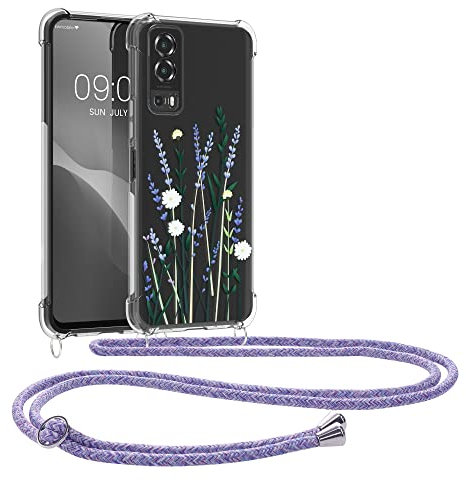 kwmobile Necklace Case kompatibel mit Vivo Y72 5G / Y52 5G Hülle - Silikon Cover mit Handykette - Lavendel Grün Transparent Blumenhalme Lavendel