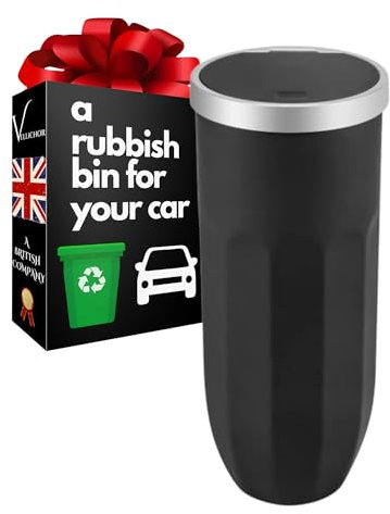 vellichor In Car Rubbish Bin with Closable Pop Up Lid | Fits Neatly within Most Cupholders or Door Pocket Vehicle Interior Dustbin Garbage Can Waste Holder Also Used As An Organizer Universal, Black