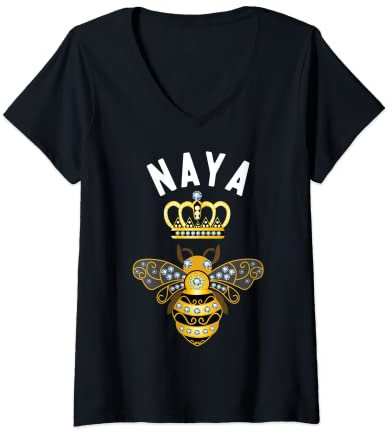Damen Naya Name Naya Geburtstagsgeschenke Queen Crown Bee Naya T-Shirt mit V-Ausschnitt