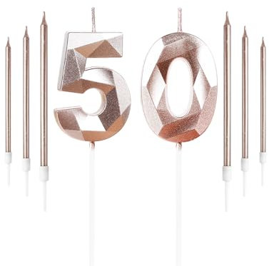 Rose Gold 50th Birthday Candles Set Number 50 Candle with Rose Gold Long Candles Birthday Candles for Cake, Birthday Candle, Cake Candles Cake Topper Decorations for Birthday Party Wedding Anniversary