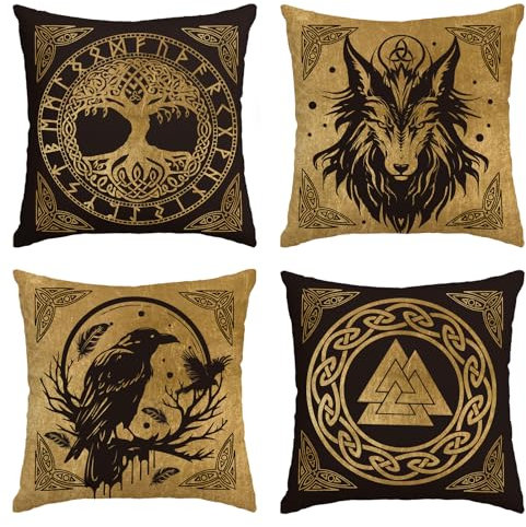 Artoid Mode Gold Wikinger Futhark Runen Odin Baum des Lebens Kissenbezüge 4er Set, 45x45cm Wolf Rabe Cushion Cover Couch Wohnzimmer Deko