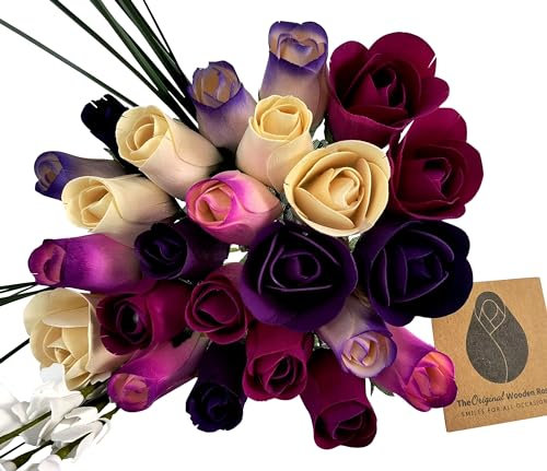 The Original Wooden Rose Blumenstrauß mit geschlossenen und halboffenen Knospen, Violett, 2 Dutzend