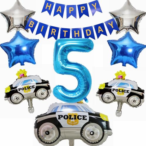 Yunchu Online 5. Geburtstag Dekoration Luftballons Polizei Tortendeko - Polizei Motto Party Luftballon Blau Zahl 5 Helium Ballon für Junge Geburtstag Party Supplies