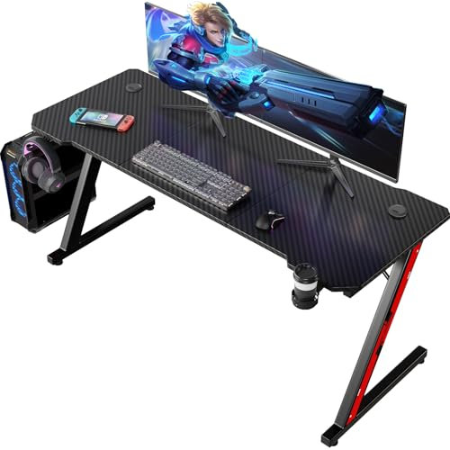 Homall Mesa Gaming 160 x 60 cm, Escritorio Gaming en Forma de Z Ergonómica, Mesa Gamer de Fibra de Carbono, Mesa para Ordenador con Portavasos y Gancho para Auriculares, Negro