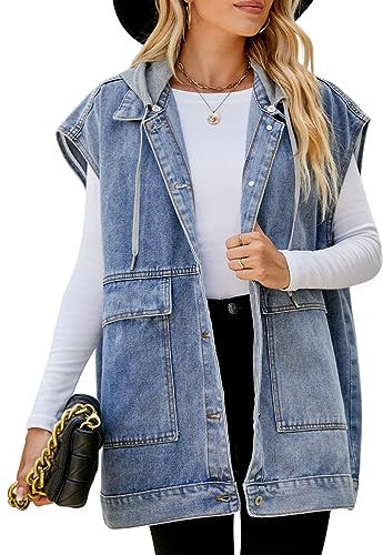 seiveini Jeansweste Damen Hooded Jacke Ärmellos Revers Jeansjacke mit Abnehmbarem Kapuzen Used Look Denim Weste mit Knopfleiste und Tasche Kapuzen Jeansweste Chic B Blau XL