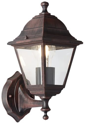 Lightbox Vintage Außen Wandlampe mit Glas Regenschutz - rostfarbene Outdoor Wandleuchte für den Hauseingang - 31 x 14 x 19 cm - E27, max. 60 W - aus Metall/Glas