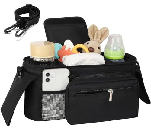 Universal Stroller Organizer with Insulated Cup Holder - Detachable Phone Bag & Shoulder Strap, Fits for Stroller Like Uppababy, Baby Jogger, Britax, BOB, Umbrella and Pet Stroller (Black) (Black)