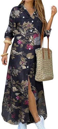 ZICUE Women's Loose Lapel Side Slit Maxi Dress Summer Floral Print Casual Button Long Dress with Pockets Black Flowers XXL