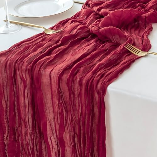 Sioloc 10 Stück Weinrot Mulltuch Tischläufer 90x300 cm Boho Gaze Läufer für Herbstdeko, Hochzeit, Party, Baby Bridal Shower, Geburtstags Tischdekoration