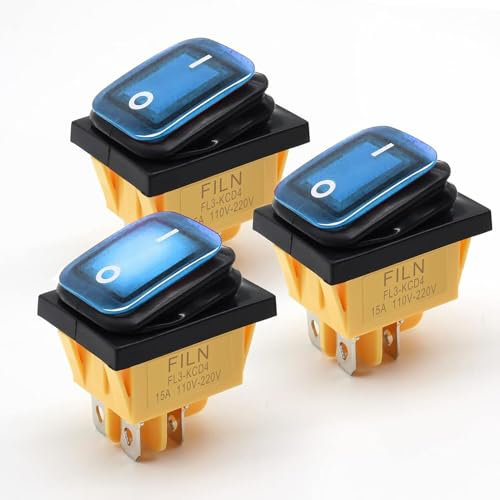 FILN 3Pcs 4 Pin Boot Marine Wasserdicht Ein Aus DPST Kippschalter Kippschalter 15A Heavy Duty 120V 220V LED Beleuchtet(220V, Wasserdicht KCD4 Blau-3)