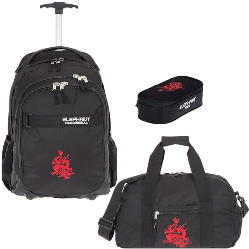 Elephant 3 Teile Set Trolley Hero Signature Schultrolley Schulranzen Trolly Sporttasche Mäppchen 12800 (Black Dragon 12646)