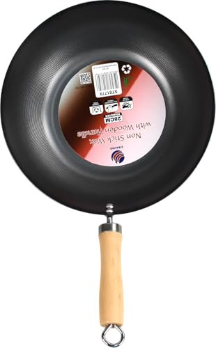 Catergold Non-Stick Wok with Wooden Long Handle Chinese Wok Pan Flat Base Made of Coated Carbon Steel Stylish Cookware (28cm)