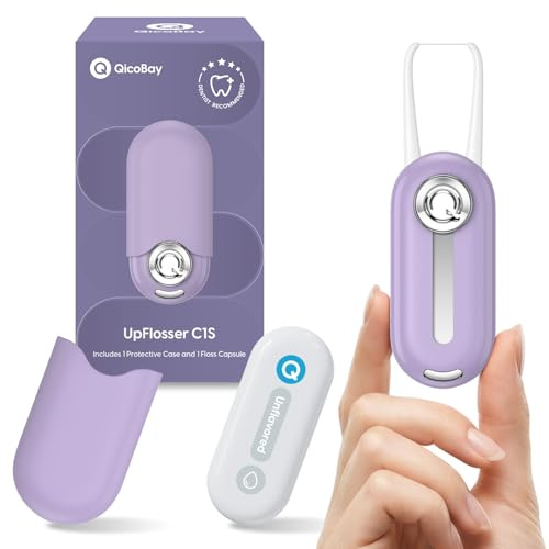 QicoBay UpFlosser C1S Reusable Auto-Restringing Flosser with Replaceable Floss Capsule, Quick & Deep Clean, Portable On-The-Go Flosser, Recyclable Zero-Waste Design, Unflavored(Dawn Purple)