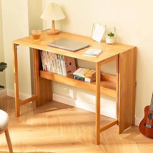 Table Pliante en Bambou Naturel, Bureau Extensible Pour Petit Espace, Avec Huche, Pour l'Étude et le Travail (Couleur Originale 100cm/39.3)