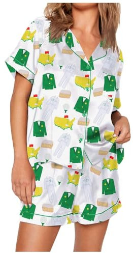 Set da donna con stampa di lattine di vino e bottiglia di champagne, in raso di seta, set da 2 pezzi, camicie a maniche corte, pantaloncini, pantaloni eleganti, abiti da sera, matrimoni, Verde-a., M