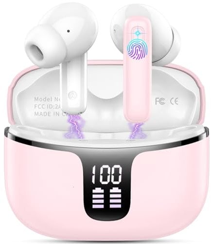 Bluetooth Kopfhörer, Kopfhörer Kabellos Bluetooth 5.3 mit 4 ENC Mic, In Ear Kopfhörer 40std Spielzeit Tiefer Bass, Noise Cancelling Wireless Earbuds IP7 Wasserdicht Ohrhörer LED Anzeige USB-C Rosa