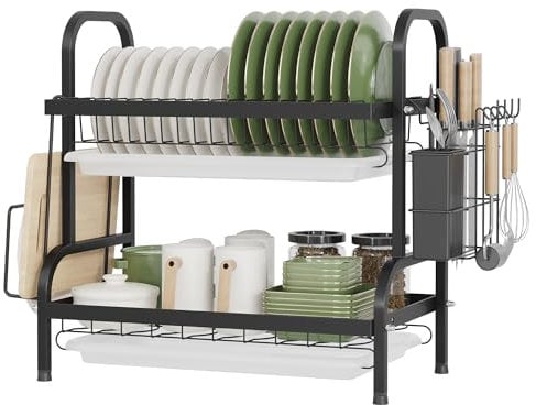 NETEL Escurreplatos de 2 niveles con bandejas de goteo, soporte para cubiertos, color negro