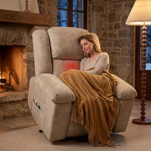 Poltrona Massaggiante Elettrica con Massaggio e Riscaldamento Lombare,Sedia Massaggiante con Poggiapiedi,Poltrona Relax Elettrica per Soggiorno e Camera da Letto,Tessuto, Marrone