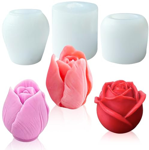 Moule bougie silicone forme de Tulipe 3D Rose Moule Silicone Fleur Lot de 3 pour la fabrication de bougies, la décoration de gâteaux fondants Savons,Décoration Maison