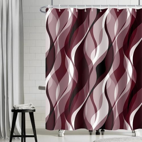 Uiiooazy Duschvorhang 180x200cm Anti Schimmel Gestreift Burgunder Gemustert | Duschvorhang Gradient Rot Schwarz Streifen Wasserdicht Stoff Polyester Waschbar Bad Vorhang mit 12 Haken für Badezimmer