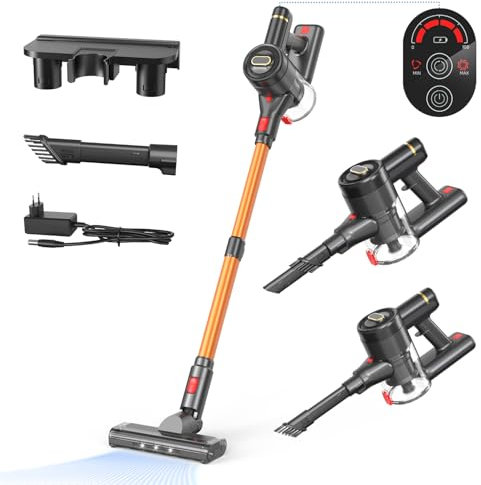 GOAMGE Aspirapolvere Senza Filo, 300W/30KPa/40Min, Display LED, Filtrazione a 5 Stadi, Spazzola Anti-Intrico, Modalità ECO, per Pelo di Animale, Pavimenti Duri e Tappeti