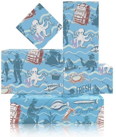 Geschenkpapier für Angeln, 4 gefaltete Bögen, blaues Ozean, Meeresangeln, Geschenkpapier, Fisch, Oktopus, Garnelen, Krabben, Meeresfrüchte, Geschenkpapier für Vatertag, Männer, Vater, Kinder