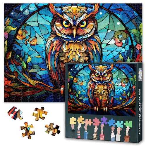 Owl on a Stained Glass Window Puzzles for Adults 1000 Pieces Stained Glass Owl Jigsaw Puzzles for Adults Gift Home Decor Difficult Challenge Puzzle for Puzzle Lovers 27.5X19.7