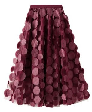 LOVSSU A-Linien-Rock Aus Netzstoff Herbst Winter Runder Applikations-Netz-Langrock im A-Linien-Stil mit Taillenbund Fur Damen(Wine Red)