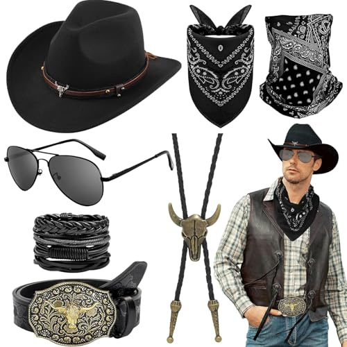 Saier tbo 7Pcs Western Cowboy Accessories for Adults, Wild West Cowboy Fancy Dress with Hat Glasses Bandana Mask Necklace Bracelet Belt for Women Men Halloween Theme Party