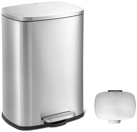 QUALIAZERO 50L / 13 Gallon Stainless Steel Step-On Kitchen Trash Can Soft-Close Lid, Fingerprint-Resistant, Removable Liner, Slim Rectangle Modern Design for Home, Office, Commercial