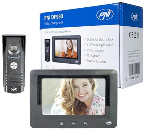 PNI Videoportero DF930 con 1 Monitor, Pantalla LCD de 7 Pulgadas, 800 x 480, Salida electromagnética Yala, Negro