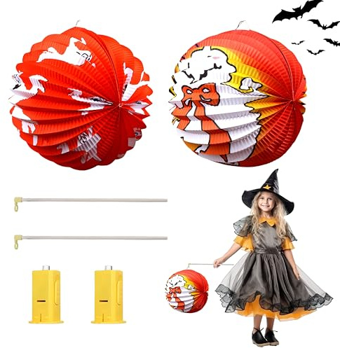 Fancysky Halloween Laterne Set für Kinder, 2x Papierlaternen mit Geister-Motiv, 2x LED Kerzen, 2x Holz Laternen Stab 27.5cm, 3D faltbare Laterne mit Stab, Papierlaterne Kinder, Halloween Decoration