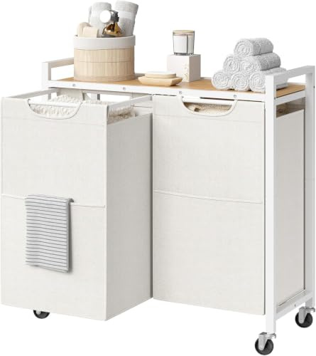 HOOBRO Wäschekorb 2 Fächer, Wäschesammler mit Ablage, Wäschebox, Wäschewagen mit Rollen, 2 x 49,5 L, Wäschesack aus Oxford-Gewebe, Ausziehbar Abnehmbar, Weiß und Holzfarbe EWN72XY01