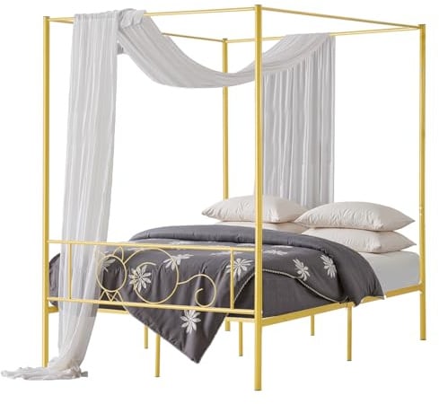 VEVOR Struttura per Letto a Baldacchino Matrimoniale, Letto in Metallo con Testiera Minimalista, Robusto Supporto a Doghe in Acciaio Rotondo, Non Necessita di Materasso a Molle, Oro